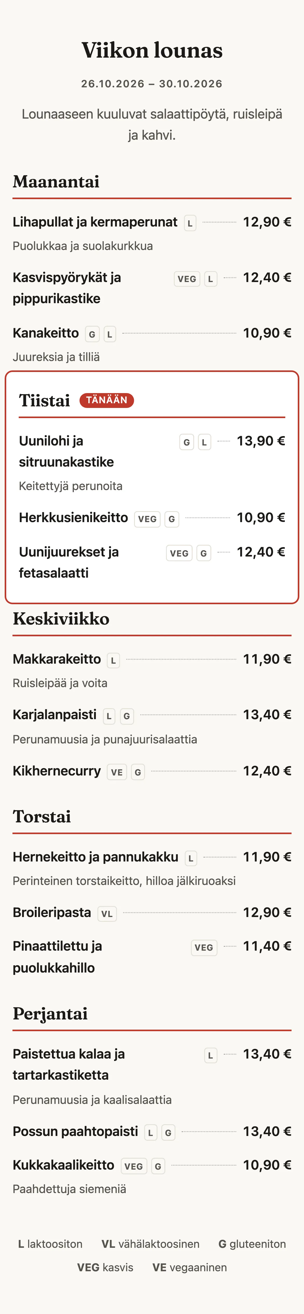 Sama lounaslista puhelimella.