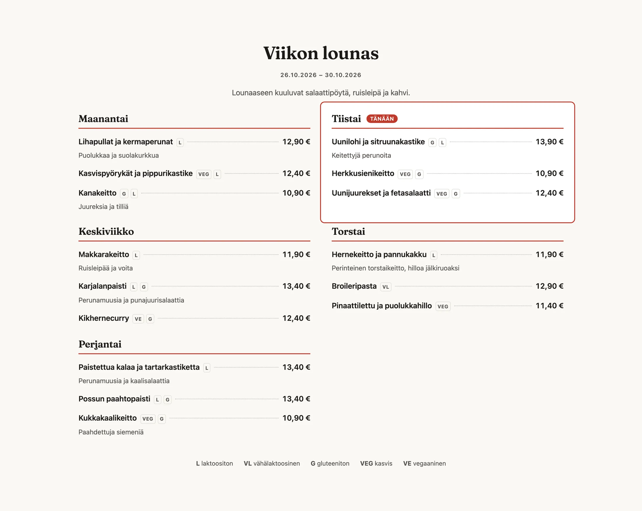 Viikon lounas ravintolan sivuilla. Tiistain ruoat on korostettu ja merkitty sanalla Tänään.